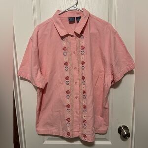 Mountain Lake II Pink Casual Shirt with Floral Embroidery Size 2x Vintage